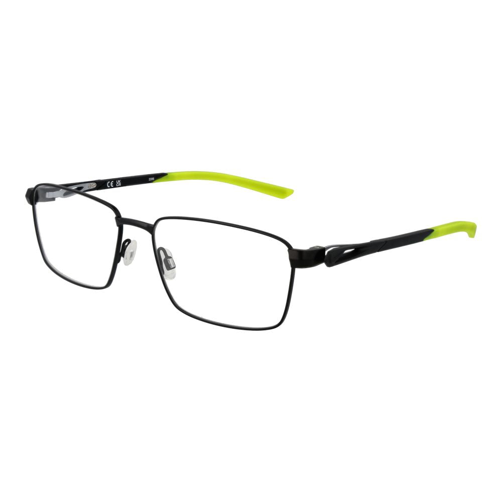 Nike Black Men Glasses Frame with black metal rectangle full-rim style and green accents, size 58-17-145, demo lenses included.