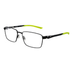 Nike Black Men Glasses Frame with black metal rectangle full-rim style and green accents, size 58-17-145, demo lenses included.