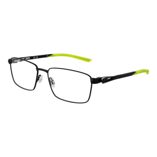 Nike Black Men Glasses Frame with black metal rectangle full-rim style and green accents, size 58-17-145, demo lenses included.