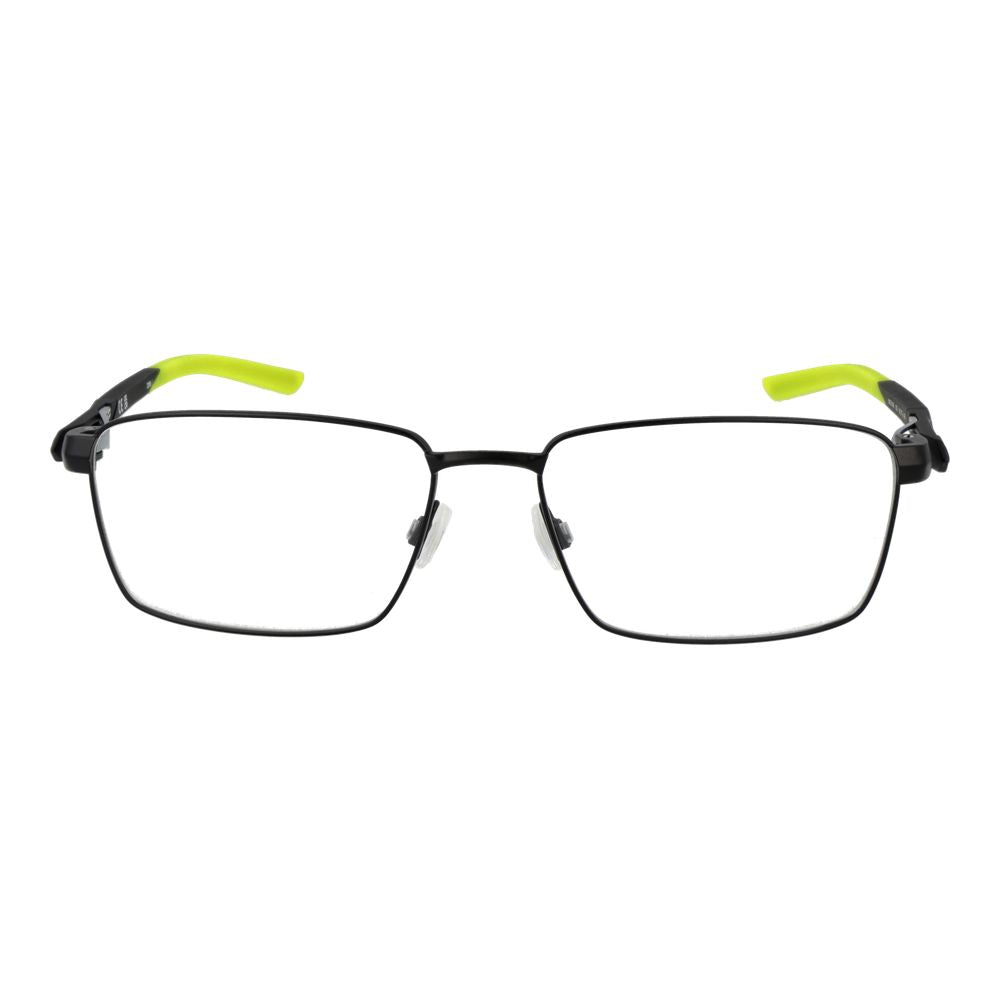 Nike Black Men Glasses Frame, full-rim metal rectangle design, black frame with green temple tips, demo plastic lenses.