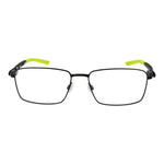 Nike Black Men Glasses Frame, full-rim metal rectangle design, black frame with green temple tips, demo plastic lenses.