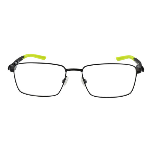Nike Black Men Glasses Frame, full-rim metal rectangle design, black frame with green temple tips, demo plastic lenses.