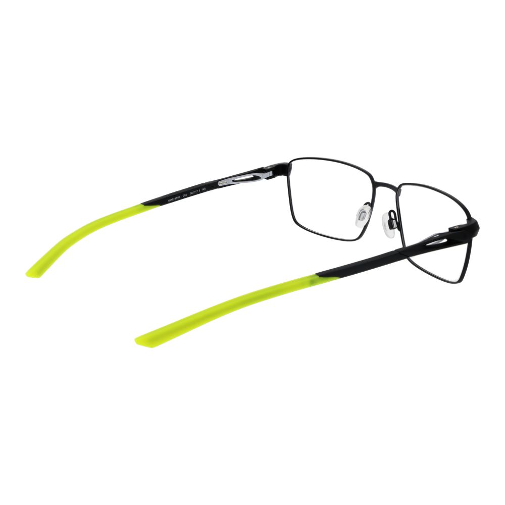 Nike Black Men Glasses Frame, full-rim rectangle metal frame with black and neon green temples, demo lenses, size 58-17-145.
