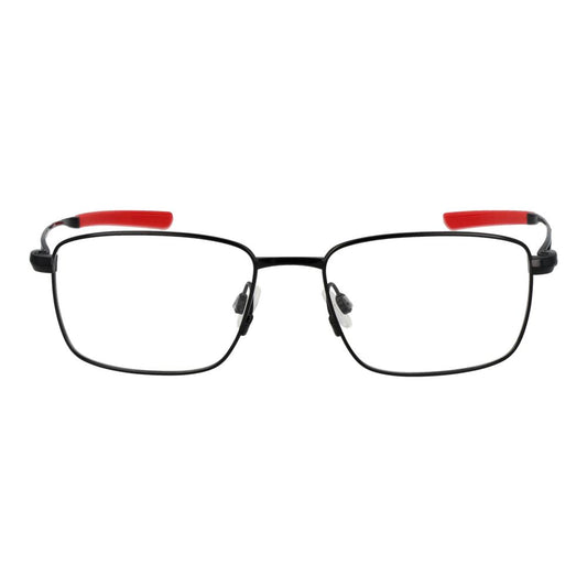 Nike Black Men Glasses Frame, full-rim titanium, rectangle style, with red temple tips, demo plastic lenses, size 53-17-145.