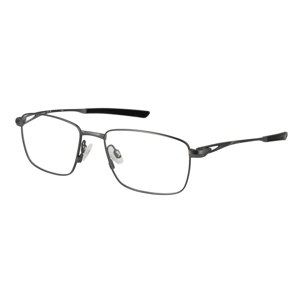 Nike Black Men Glasses Frame, black titanium full-rim, rectangle demo lenses, size 53-17-145, grey frame color.
