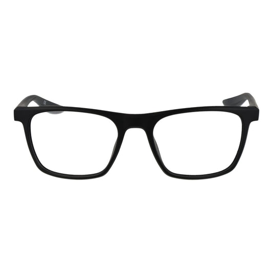 Nike Black Unisex Glasses Frame, full-rim stainless steel, square style, demo lenses, 52-18-140 size, no extra features, branded case included.