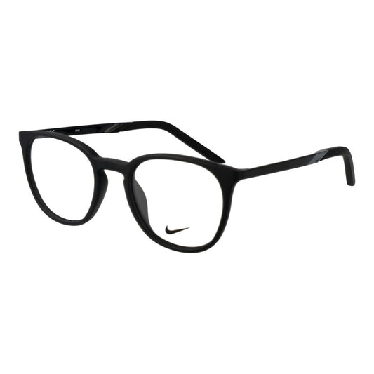 Nike Black Unisex Glasses Frame, full-rim metal design, round style with demo lenses, size 51-20-145, includes branded case.