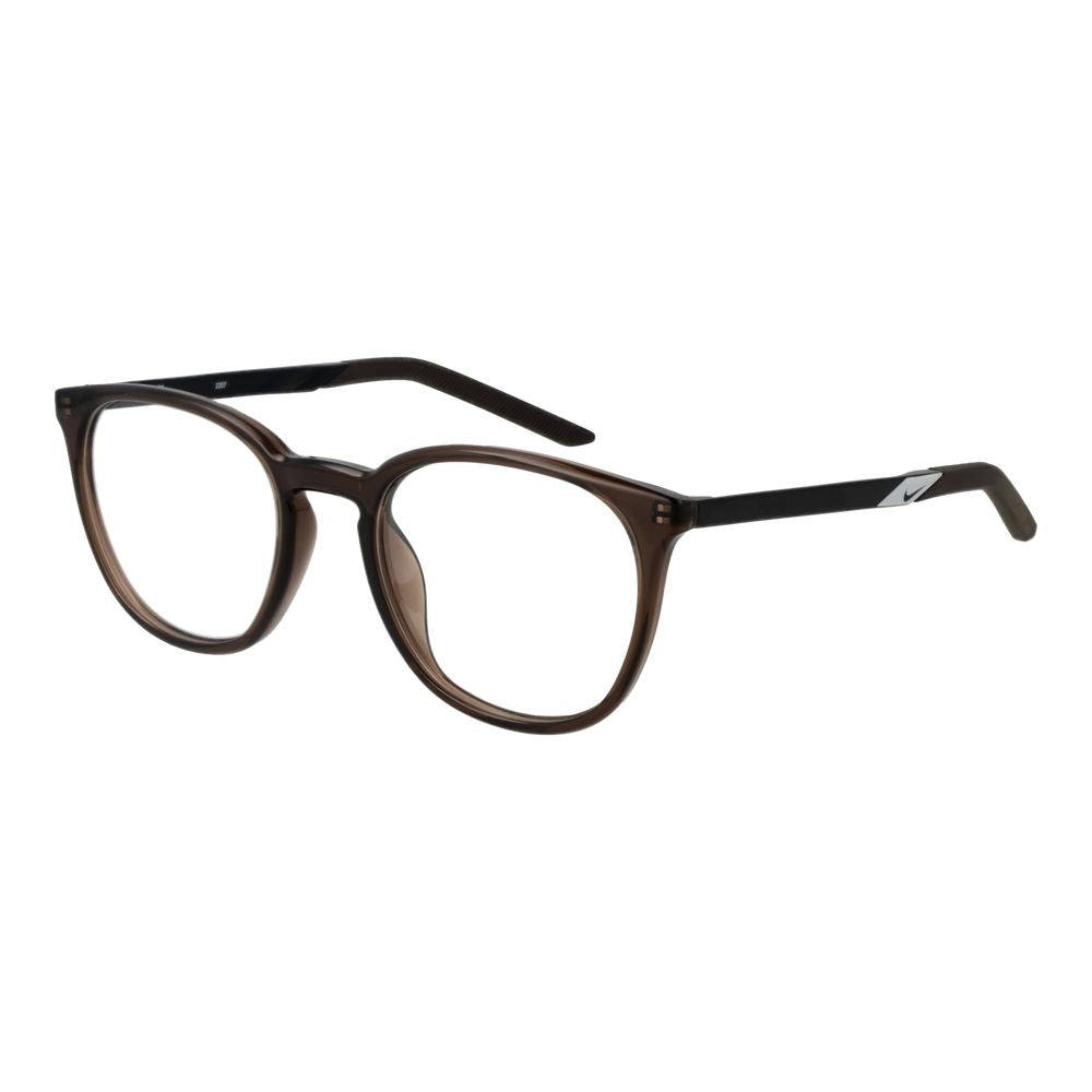 Nike Beige Unisex Glasses Frame in brown full-rim metal with demo plastic lenses, round style, size 51-20-145.