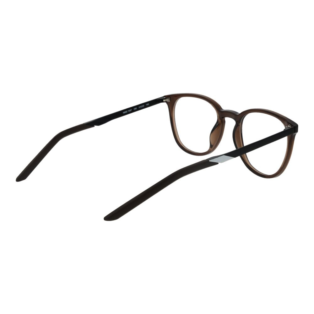 Side view of Nike Beige Unisex Glasses Frame, metal full-rim with brown finish, featuring 51-20-145 size and demo plastic lenses.