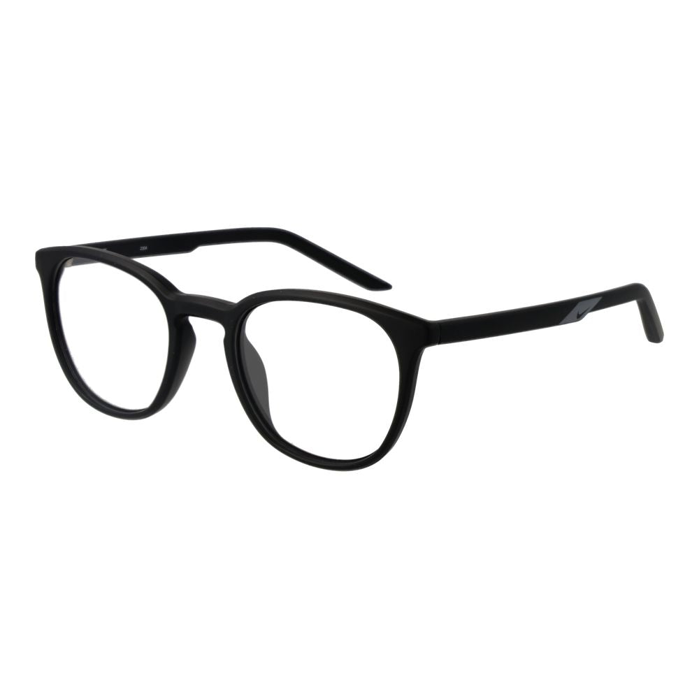 Nike Black Unisex Glasses Frame in stainless steel full-rim design, round style, demo lenses, and temple length 145mm.