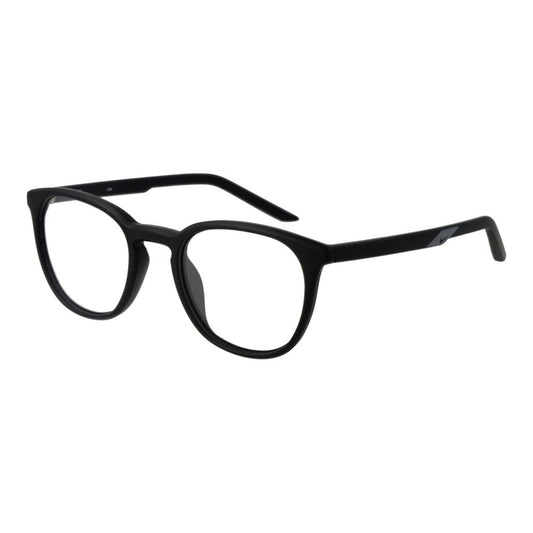 Nike Black Unisex Glasses Frame in stainless steel full-rim design, round style, demo lenses, and temple length 145mm.
