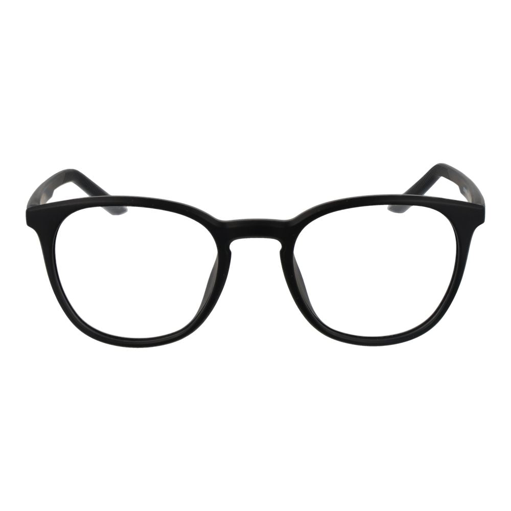 Nike Black Unisex Glasses Frame, stainless steel full-rim design, plastic demo lenses, round shape, sleek black color, modern eyewear.