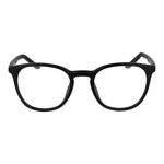 Nike Black Unisex Glasses Frame, stainless steel full-rim design, plastic demo lenses, round shape, sleek black color, modern eyewear.
