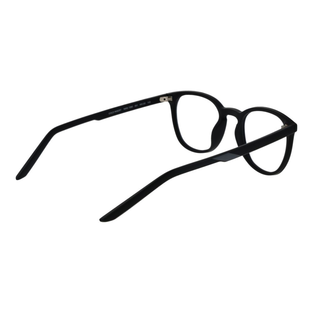 Nike Black Unisex Glasses Frame with full-rim round style and stainless steel material, shown from a side angle.