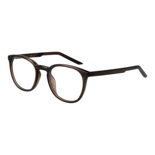 Nike Beige Unisex Glasses Frame in stainless steel full-rim with brown color, demo plastic lenses, and 49-20-145 size.