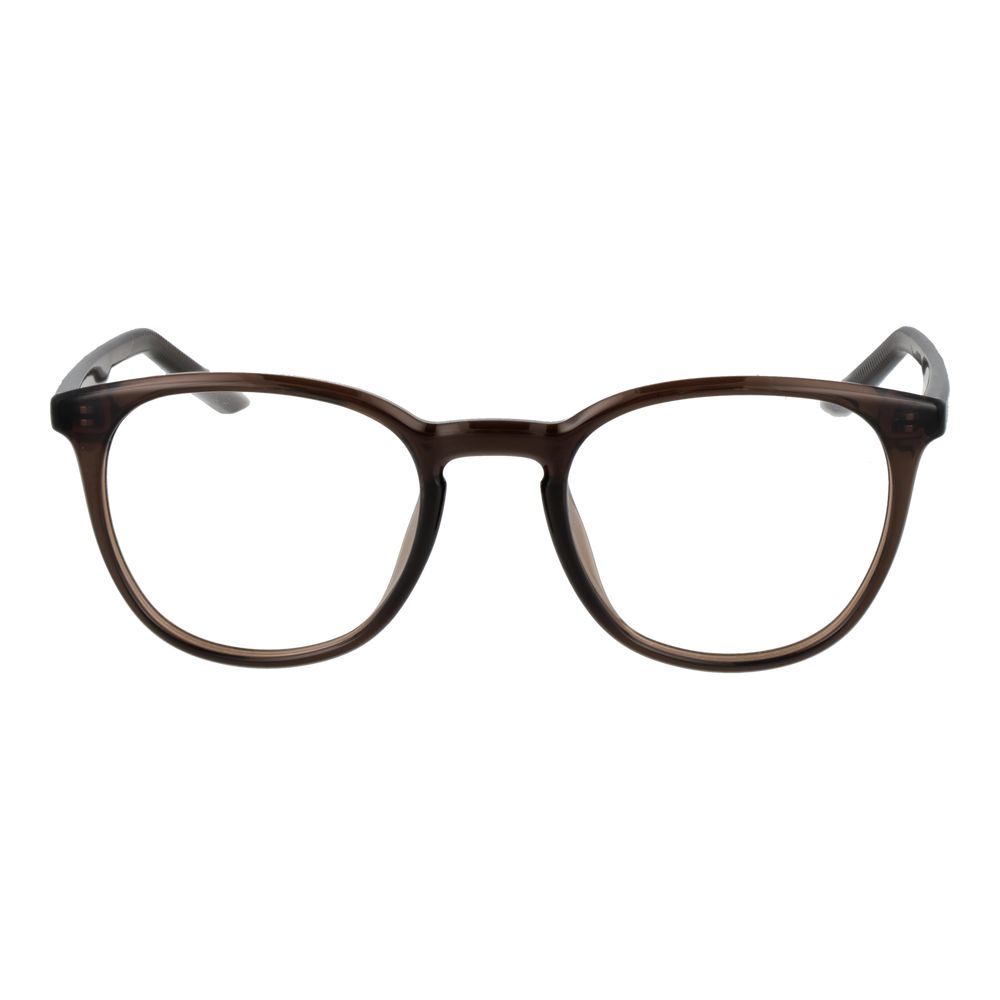 Nike Beige Unisex Glasses Frame with brown full-rim stainless steel design, demo lenses, and a classic round style.