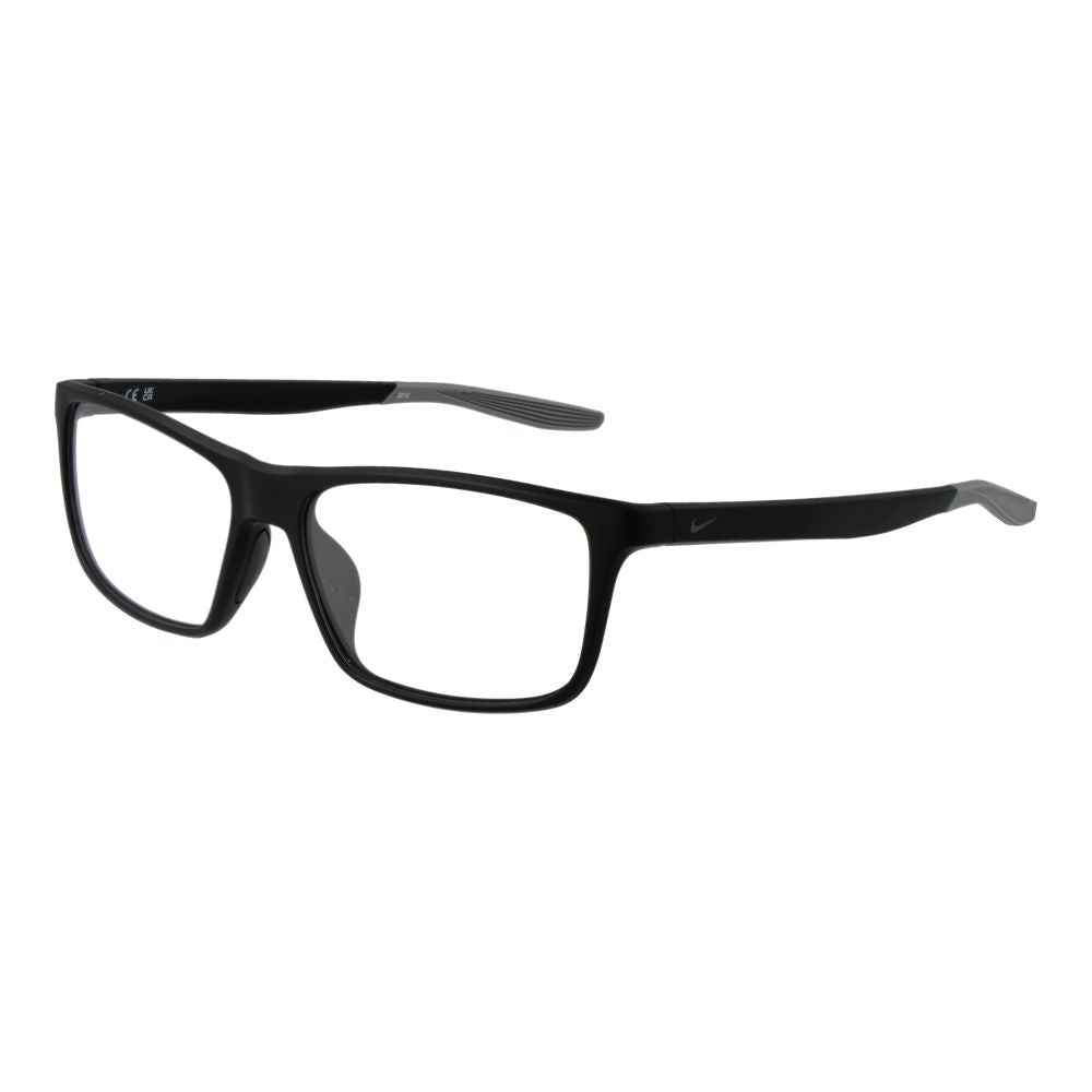 Nike Black Men Glasses Frame, stainless steel, rectangle full-rim style, demo lenses, size 56-15-145, 145mm temples, no spring hinge