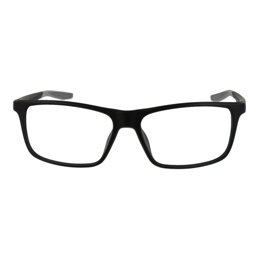 Nike Black Men Glasses Frame, full-rim stainless steel rectangle design, demo plastic lenses, 56-15-145 size, black color.