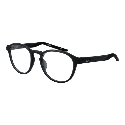 Nike Black Men Glasses Frame, full-rim stainless steel with demo lenses, round style, size 50-20-140, includes branded case.