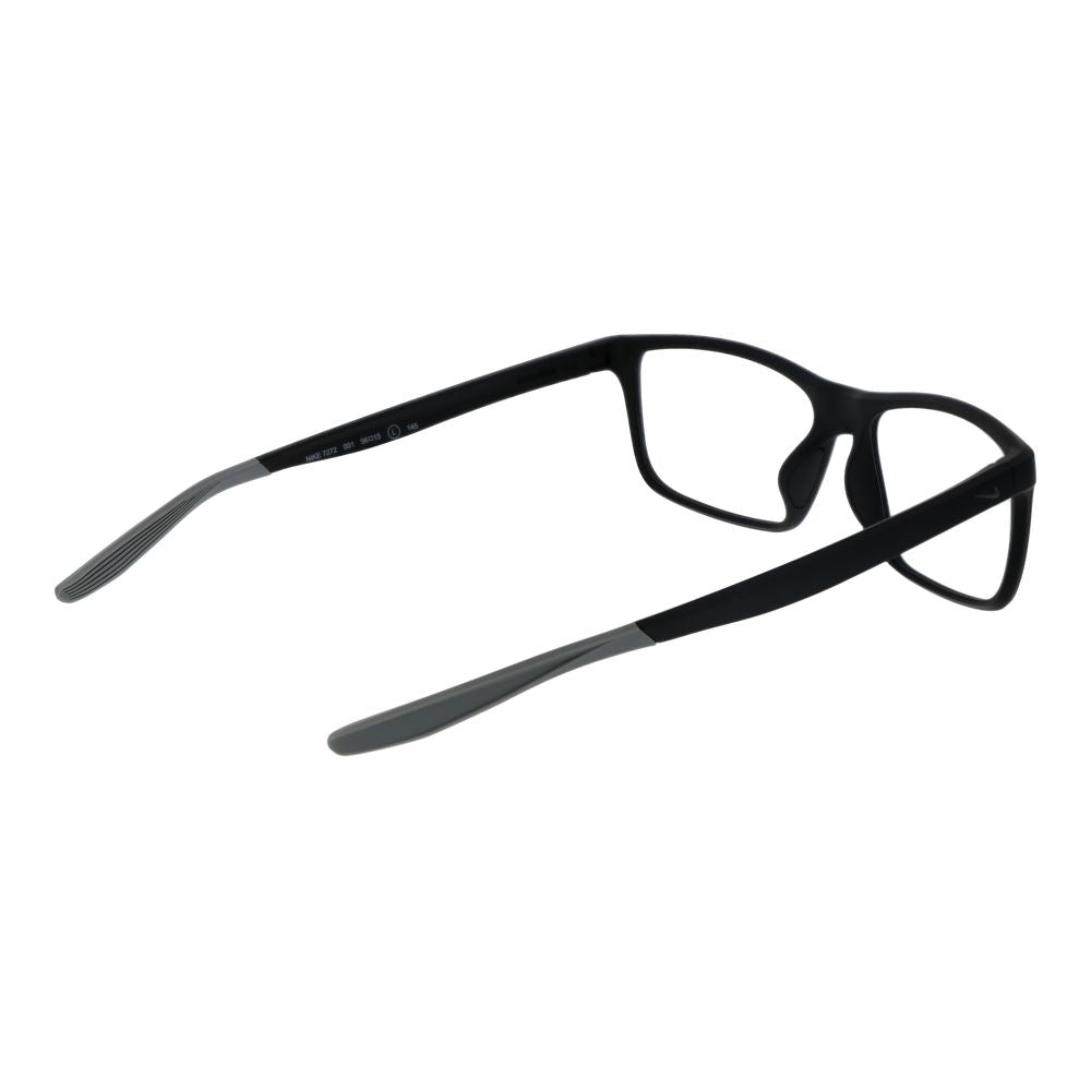 Nike Black Men Glasses Frame in stainless steel with full-rim rectangle design, demo lenses, size 56-15-145, temples length 145mm.