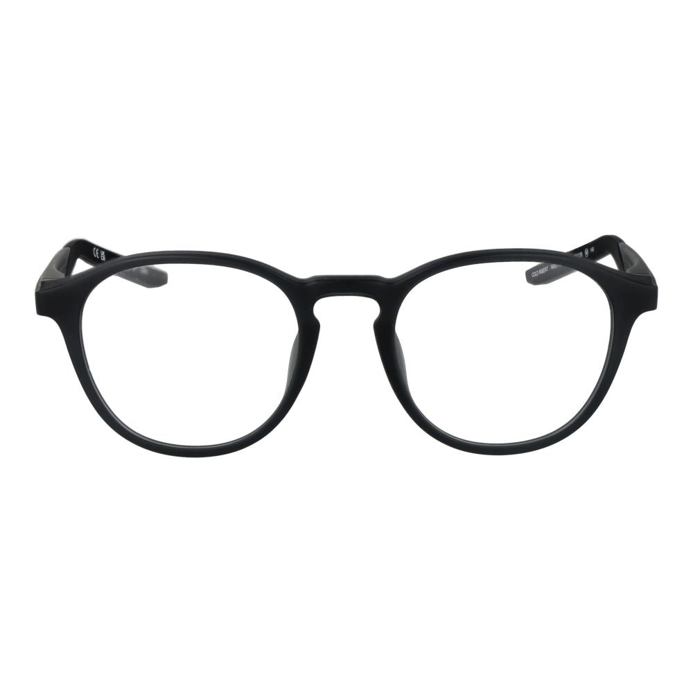 Front view of Nike Black Men Glasses Frame with full-rim, stainless steel, round style, demo lenses in branded case.