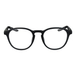 Front view of Nike Black Men Glasses Frame with full-rim, stainless steel, round style, demo lenses in branded case.