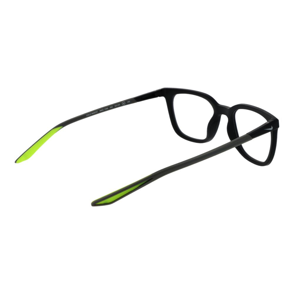 Nike Black Men Glasses Frame with green tips, metal full-rim square style, demo lenses, size 52-20-140, includes branded case.