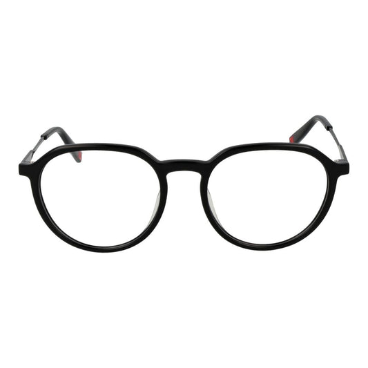 Fila Black Unisex Glasses Frame, stainless steel panto style with full-rim design and demo lenses, perfect for fashion-forward individuals.