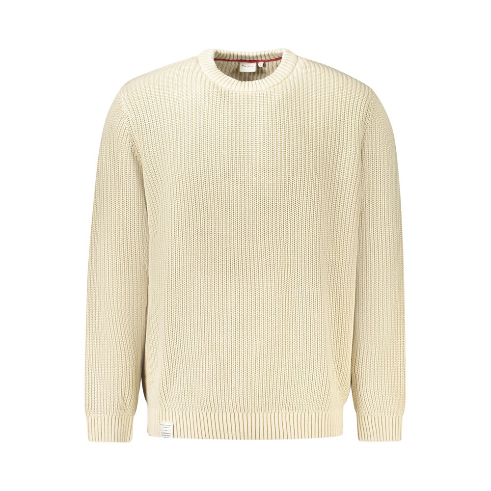 Pepe Jeans Beige Cotton Men Sweater with logo, sustainable fashion, long-sleeved crew neck, eco-friendly cotton knitwear front view.