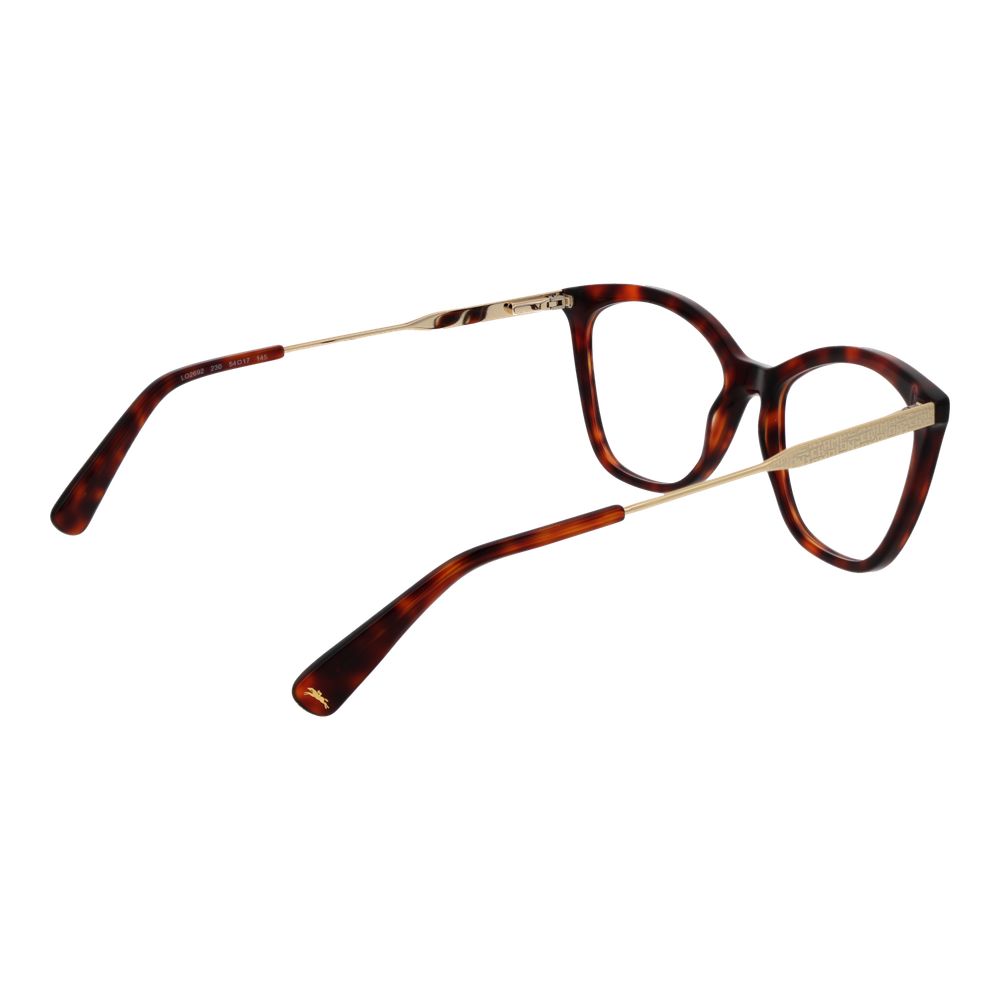 Longchamp Brown Women Glasses Frame with full-rim cat eye style, metal and plastic material, spring hinge, and demo lenses.
