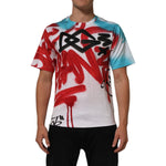 Dolce & Gabbana White Graffiti Crew Neck Short Sleeves T-shirt with striking red and blue print on male model.