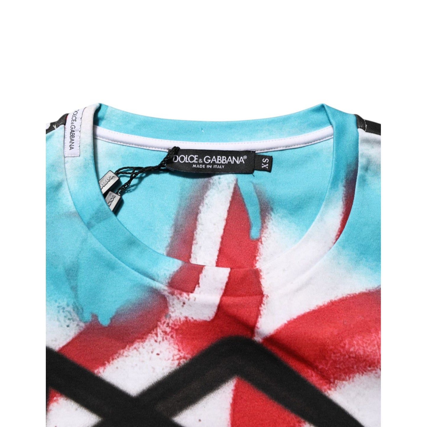 Dolce & Gabbana White Graffiti Crew Neck Short Sleeves T-shirt showing vibrant graffiti print on collar.