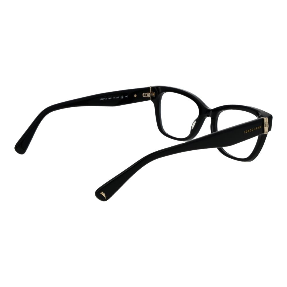 Longchamp Black Women Glasses Frame in cat-eye style with acetate full-rim and black color showcasing side view of temples and frame.