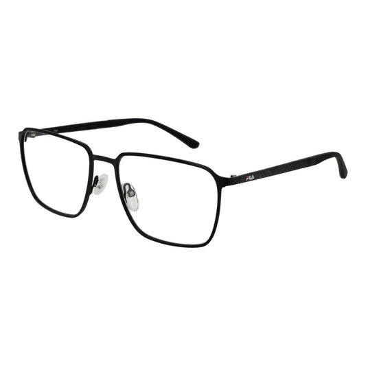 Fila Black Men Glasses Frame, full-rim square shape, metal and plastic, black color, size 56-17-140, demo lenses, no extra features.