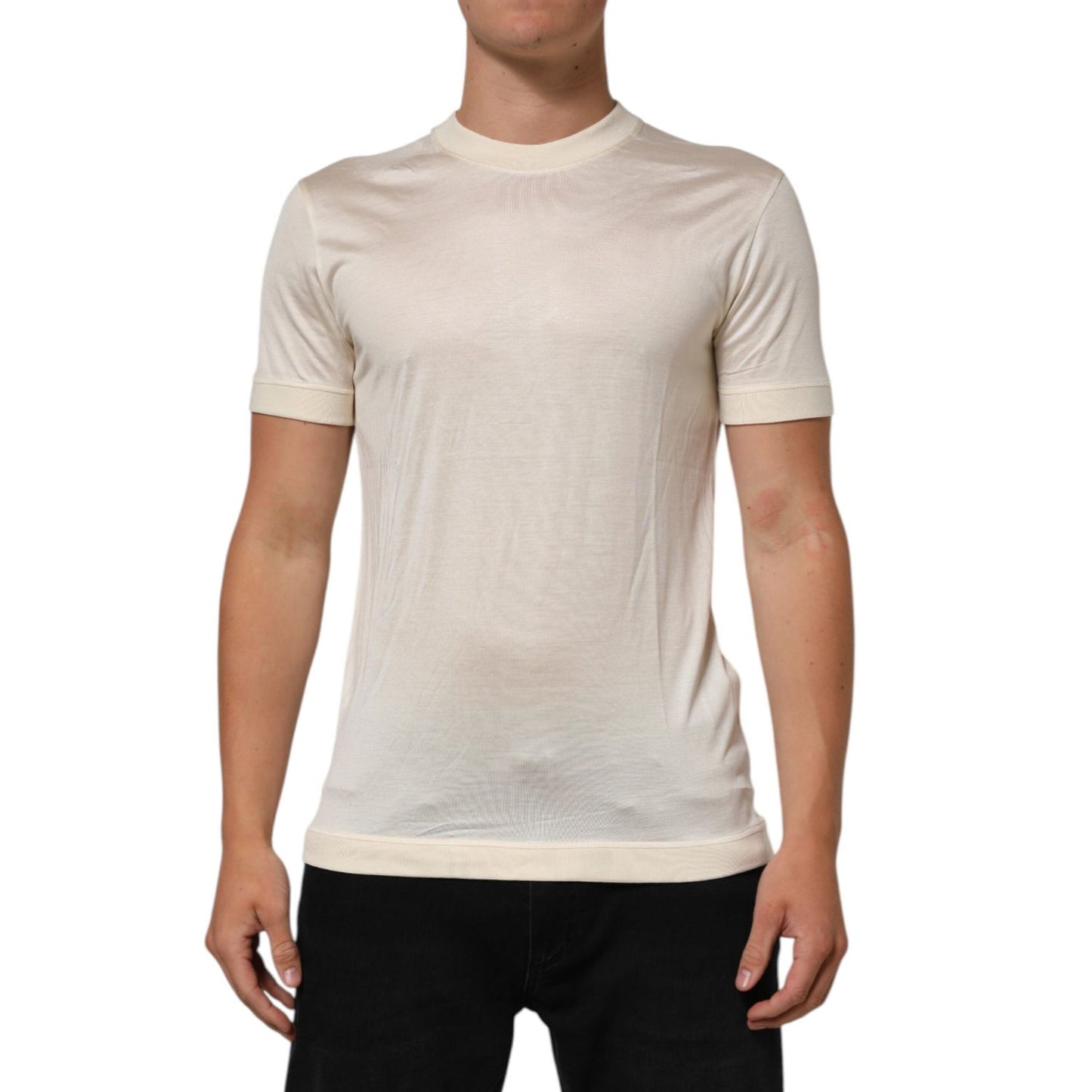 Dolce & Gabbana Off White Silk Crew Neck Short Sleeve T-shirt