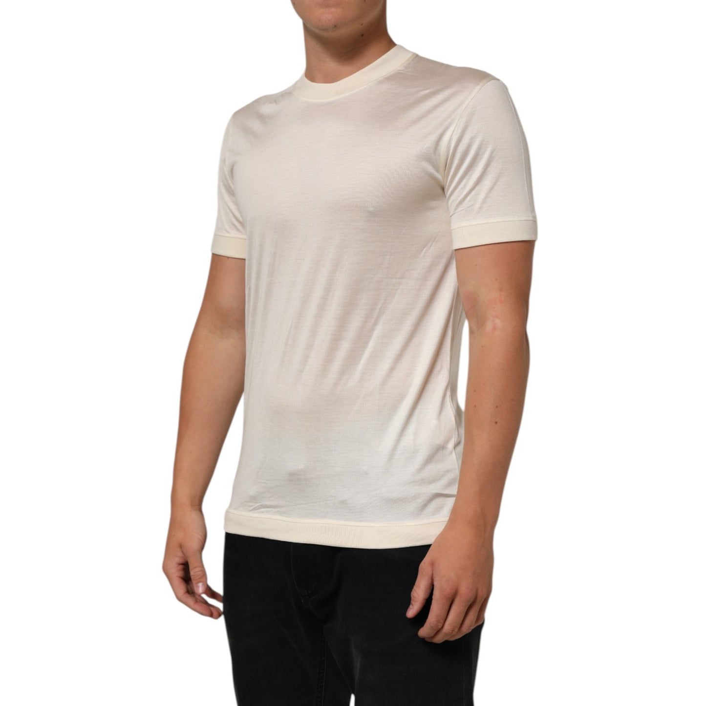 Dolce & Gabbana Off White Silk Crew Neck Short Sleeve T-shirt