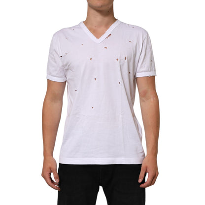 Dolce & Gabbana White Distressed Cotton V Neck Men T-shirt