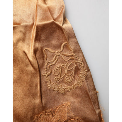 Dolce & Gabbana Brown Floral Lace Silk Satin Tank Lingerie Underwear with delicate embroidery detail.