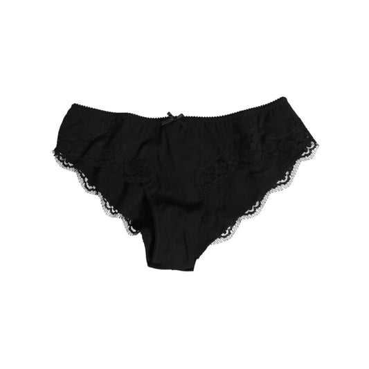Dolce & Gabbana Black Silk Satin Floral Lace Panty Brief Underwear, elegant Italian lingerie with lace trim.