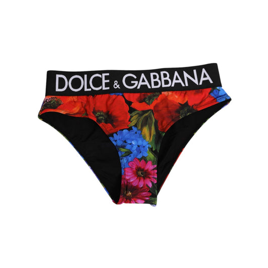 Dolce & Gabbana Black Floral Print High Waist Panty Underwear featuring elegant floral design and logo waistband.