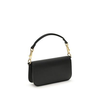 Valentino Garavani Black Calf Leather Bos Taurus Shoulder Bag with antique brass VLogo and detachable chain strap