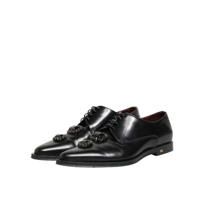 Dolce & Gabbana Black Leather Jeweled Crystals Derby Shoes