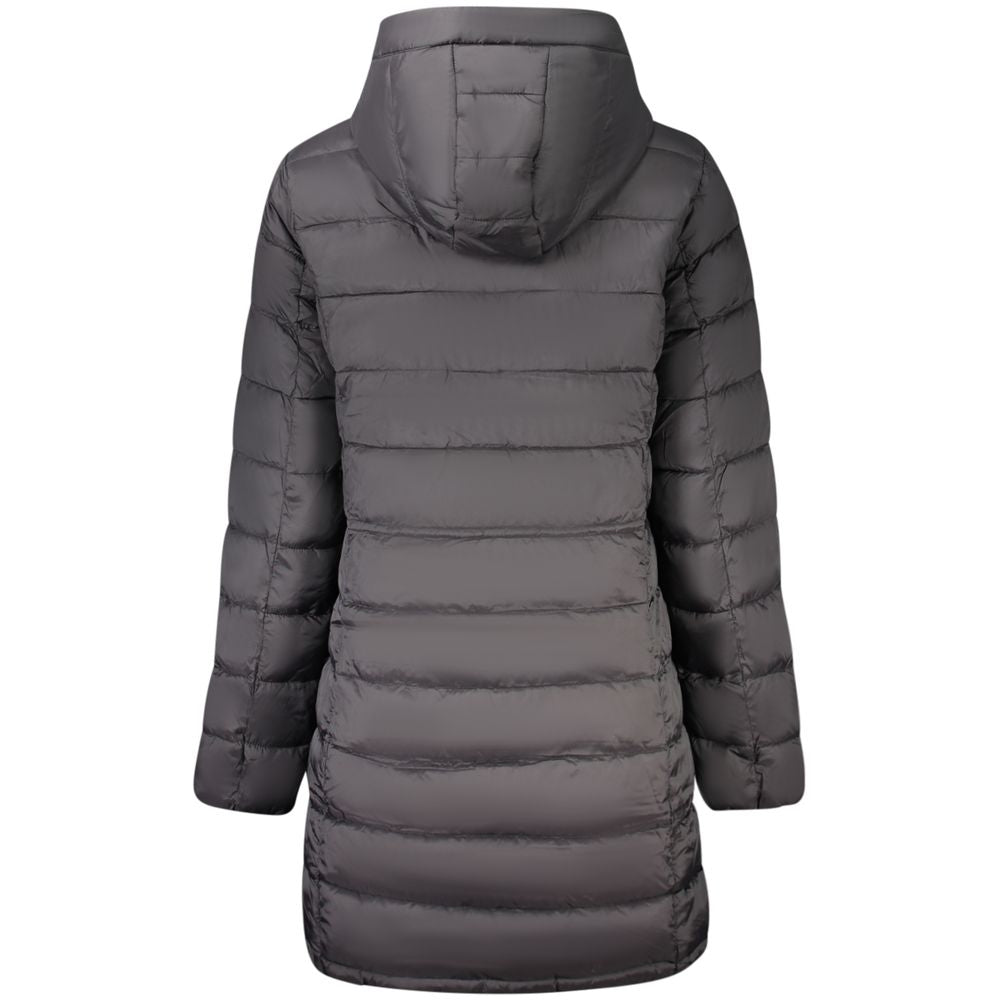 Rear view of Pepe Jeans Black Polyamide Women's Jacket with hood and long sleeves, ideal for chic and durable cold weather fashion.