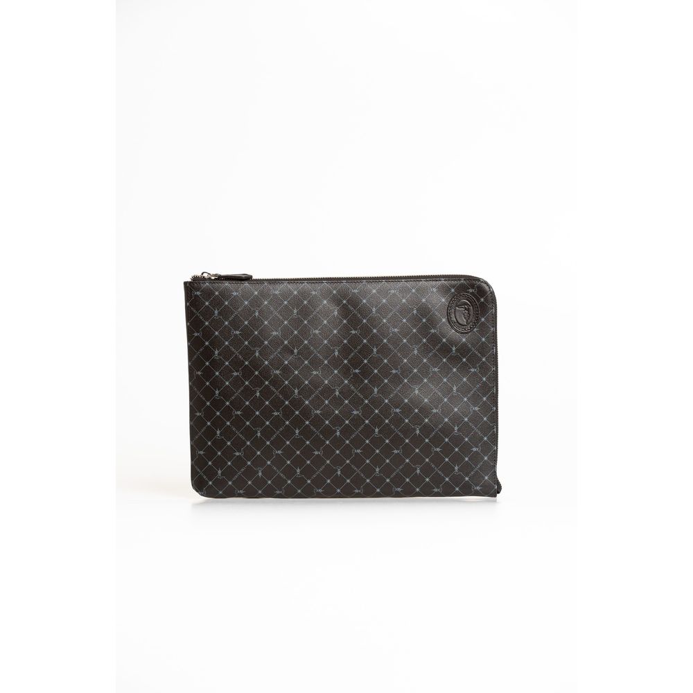 Trussardi Black Leather Men Clutch with zip closure and embossed logo, displaying classic Italian elegance and modern functionality.