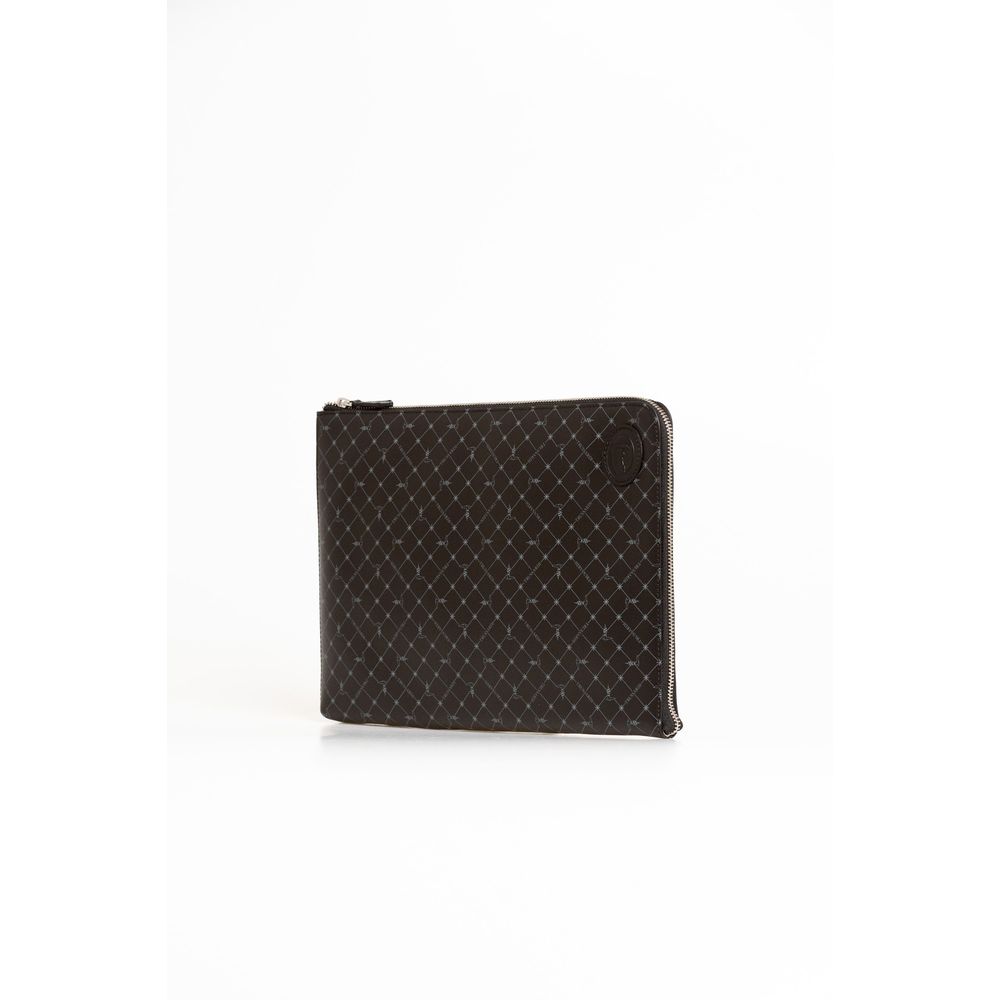 Luxury Trussardi Black Leather Men Clutch with zip closure and logo, showcasing sophisticated design ideal for modern gentlemen.