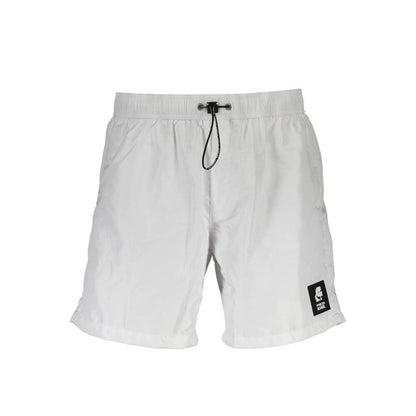 Karl Lagerfeld White Polyester Swimwear, medium swim boxer with elastic waist, pockets, logo, and laces for men.