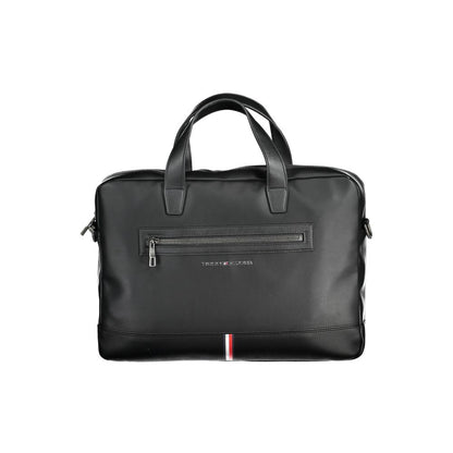 Tommy Hilfiger Black Polyethylene Handbag with zip closure, adjustable strap, and multiple pockets for documents and laptop.