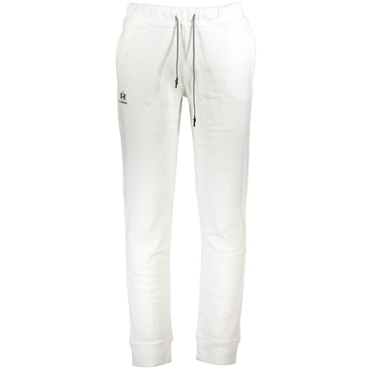 La Martina White Cotton Pant, sports trousers with elastic waist and laces, featuring print and logo detail.