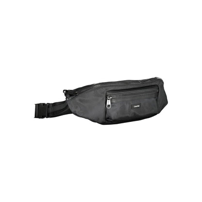 Calvin Klein Black Polyester Handbag with adjustable snap buckle, zip closure, and logo, featuring one external and internal pocket.