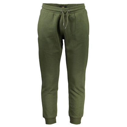 Cavalli Class Green Cotton Pant with elastic waist, lace tie, 3 pockets, ankle cuff, embroidery, and logo detailing.